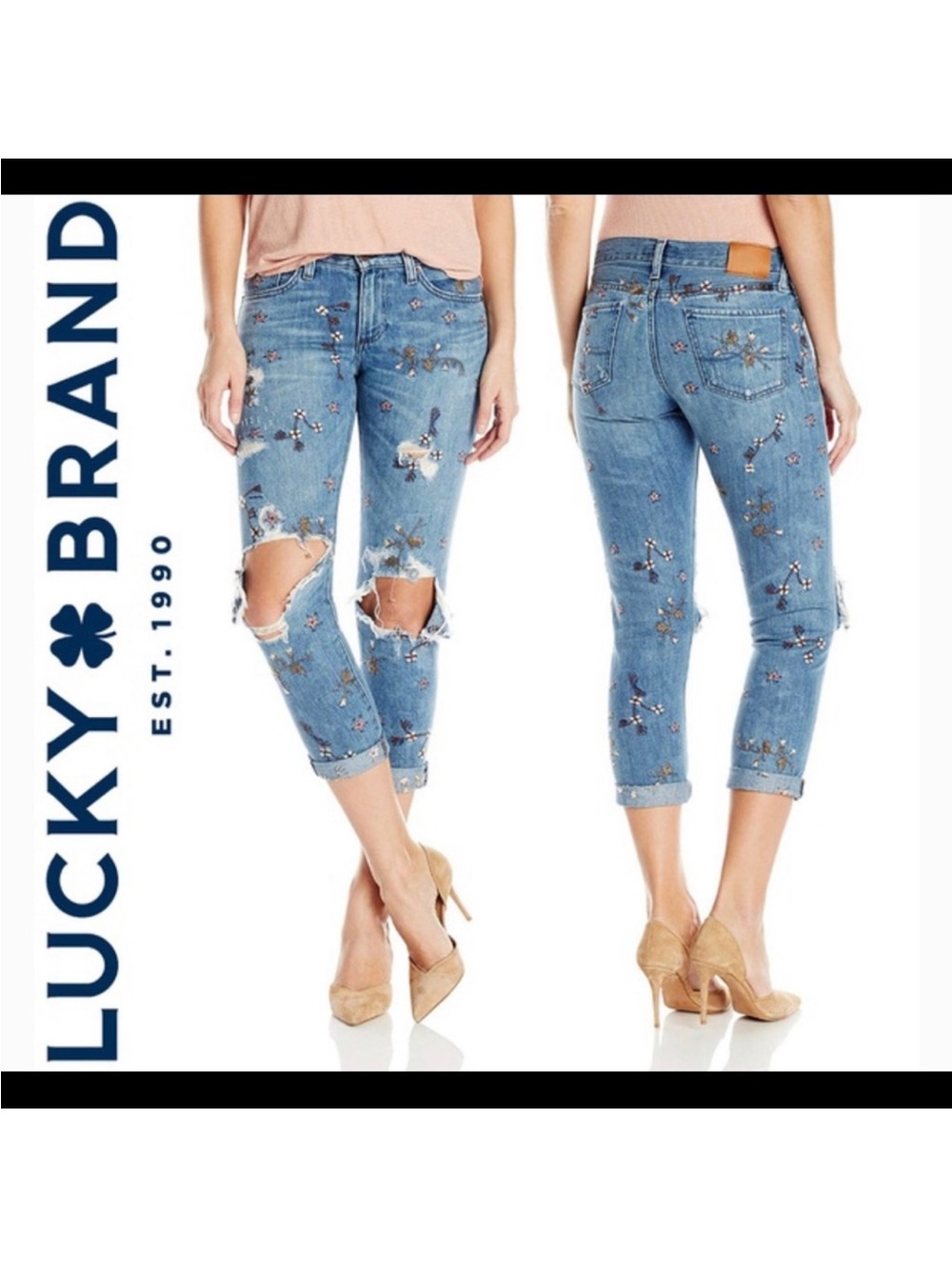 Lucky Brand Embroidered Distressed Sienna Slim Boyfriend Jeans